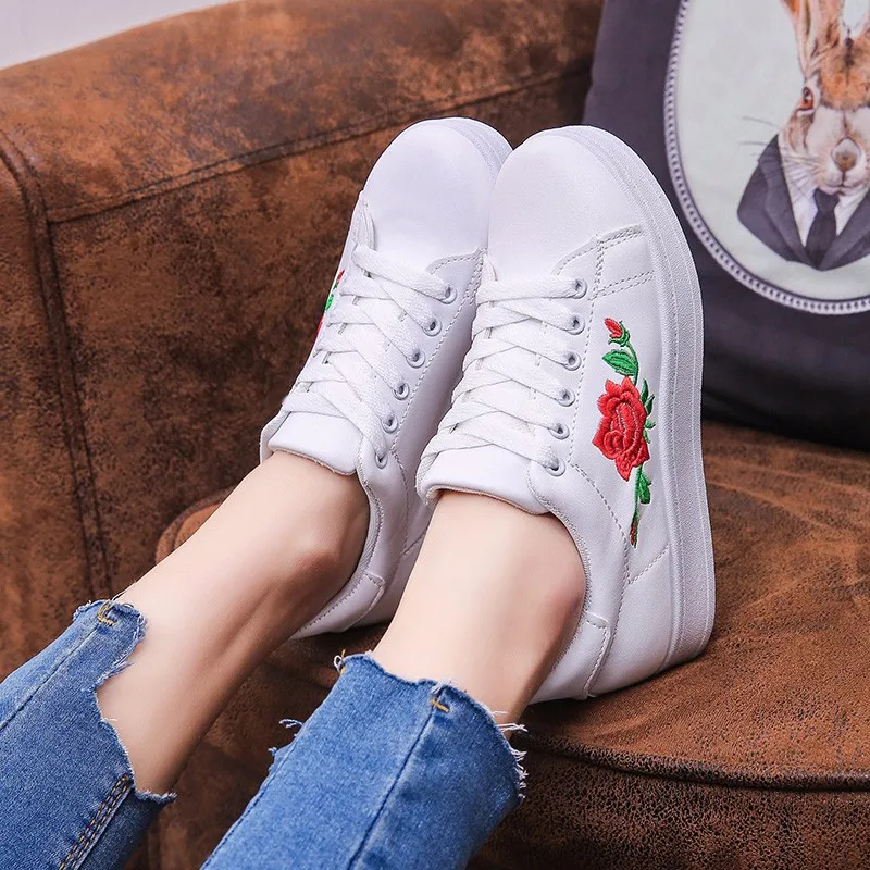Women Sneakers Pu Leather Embroidery Flat Platform Lace Up Shoes Woman Casual White espadrilles 6739 | Обувь