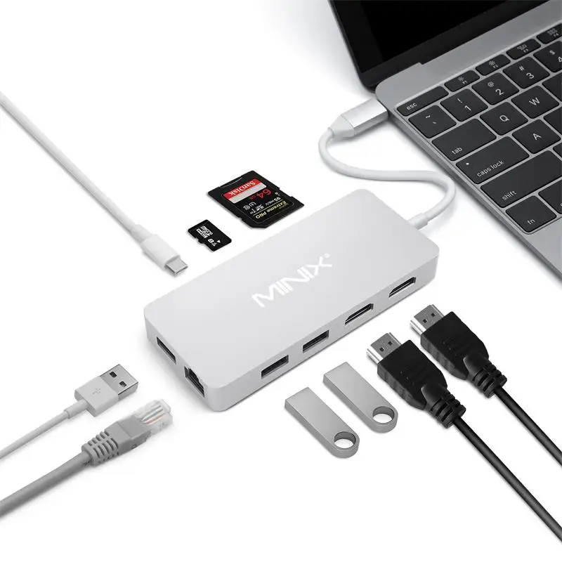 MINIX USB-C концентратор многопортовый адаптер с двойным HDMI выходом 4K адаптер 3 USB 3,0 Gigabit Ethernet USB-C Зарядка для Apple MacBook - Цвет: Серебристый