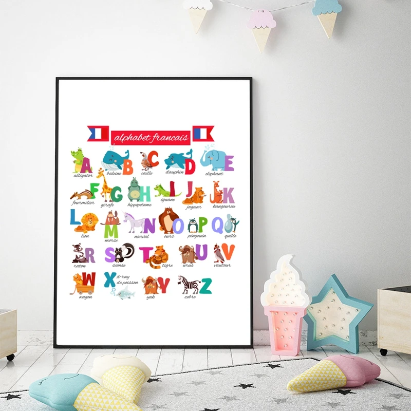 French Cute Cartoon Alphabet with Animals Print Nursery Wall Art Canvas Painting Education Poster Picture Kids Room Decor | Дом и сад