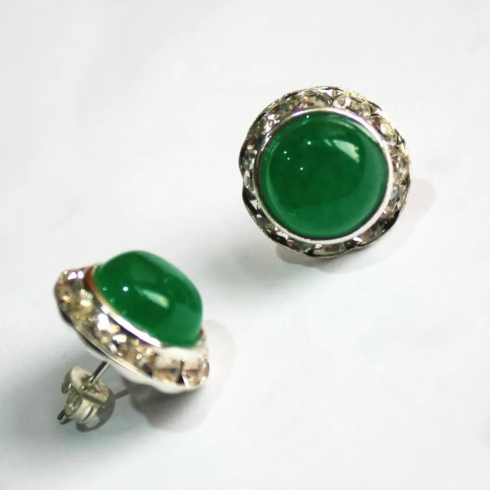 

wholesale 15mm green Natural jade silver plated lady's charming stud earrings