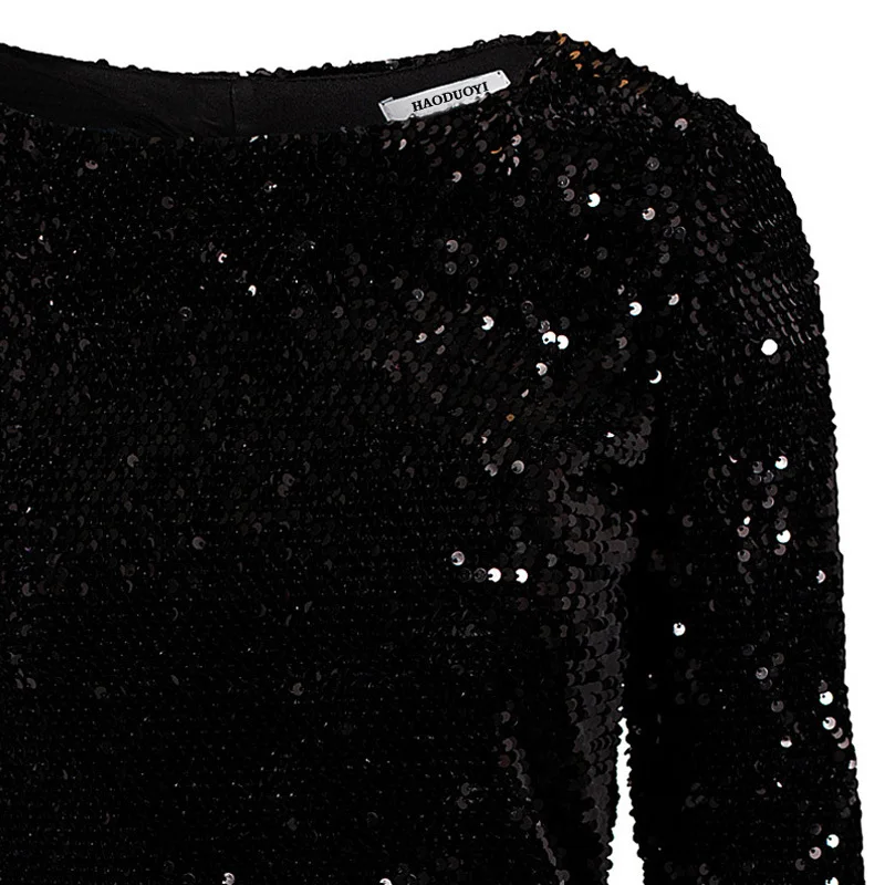 Brand Haoduoyi European Fashion Sexy Black Sequin Backless Dress New Plus Size Long Sleeve Hollow Out Dresses C7DH75 | Женская одежда
