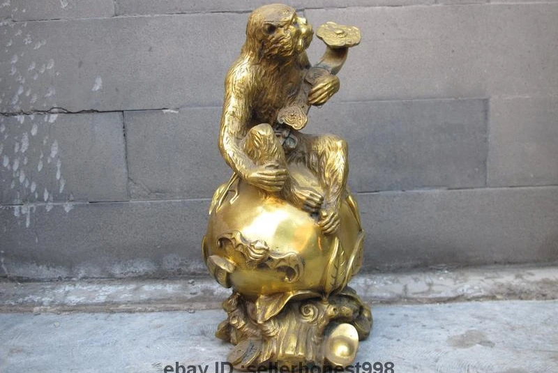 China Folk Feng Shui Brass RuYi YuanBao monkey Ride peach Auspicious Statue | Дом и сад