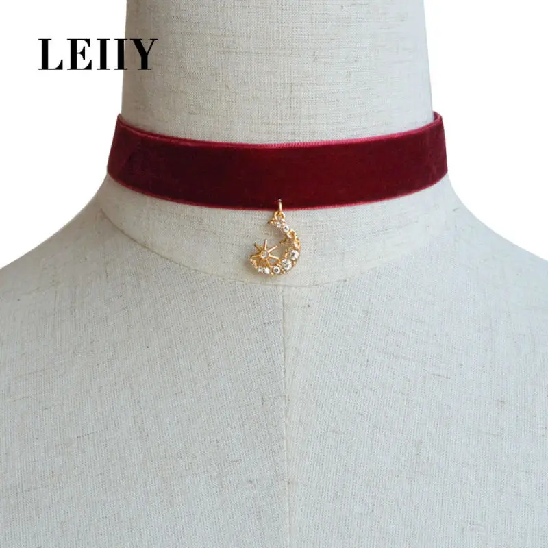 Leiiy Горячие Мода черного цвета красного вина бархат колье ожерелья Кристалл