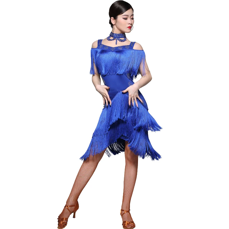 

Latin Dance Costume Ballroom Dance Dresses Blue/Red/Orange/Black Fringe Dress For Women Rumba/Tango Performance Clothes DQL1221