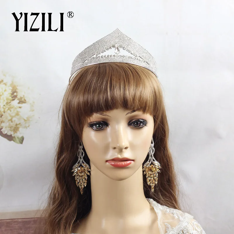 Silver plated YIZILI сверкающие с украшениями в виде серебристых кристаллов Полный Круглый Кулон покрытый queen Для женщин Свадебная Тиара Свадебные аксессуары для волос Тиара Корона ювелирные изделия на волосы C071 - Окраска металла: Silver plated