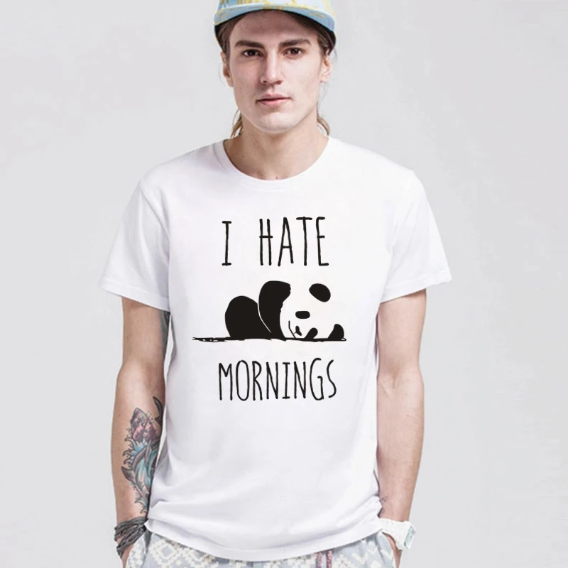 LUSLOS выходные футболки с пандой I Hate Mornings печать футболка Повседневная мужская с коротким рукавом