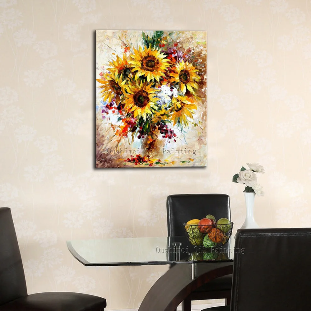 Yellow Sunflower Painting Hand Painted Knife Paintings on Canvas Home Decor Modern Hang Picture Vase Oil | Дом и сад