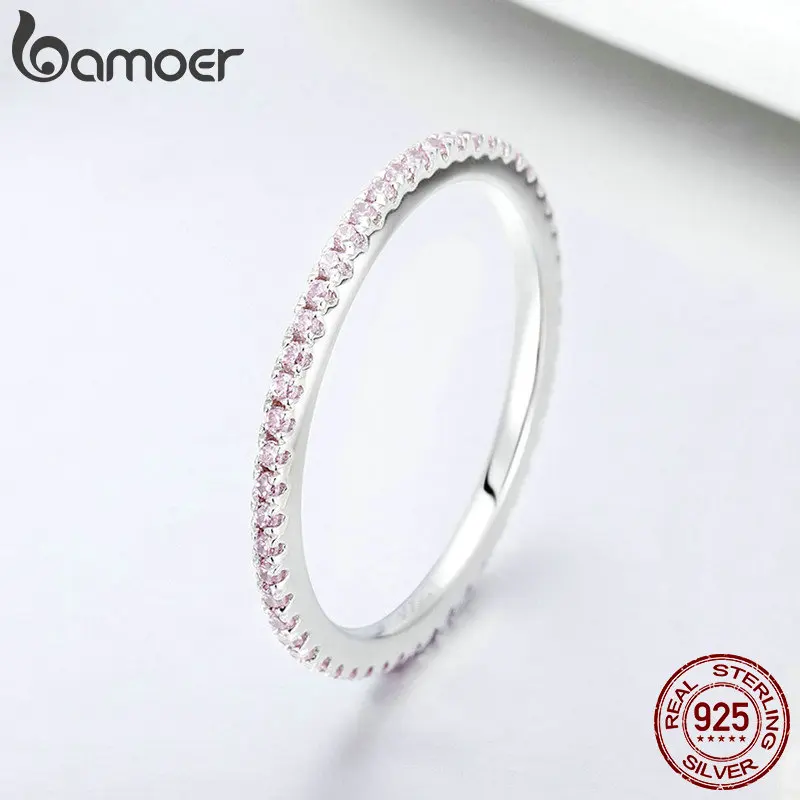 BAMOER, 925 пробы, серебро, розовый кристалл, свадебные женские кольца для женщин, простое геометрическое кольцо, Стерлинговое серебро, ювелирные изделия SCR066