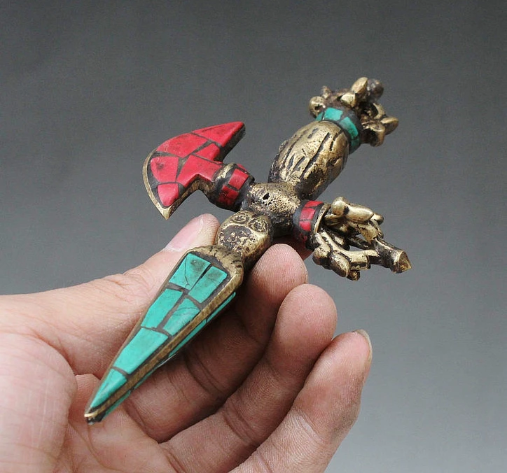SCY Buddhism Bronze Inlay Turquoise Dorje Buddha Statue Phurba Dagger Holderal | Дом и сад