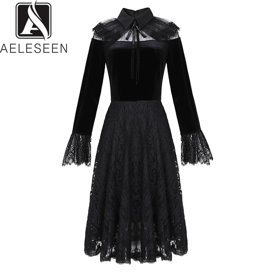 

AELESEEN High Quality 2022 Vintage Black Spring Dress Women Cloak Flare Sleeve Lace Patchwork Velvet Ruffles Sexy Dress Party