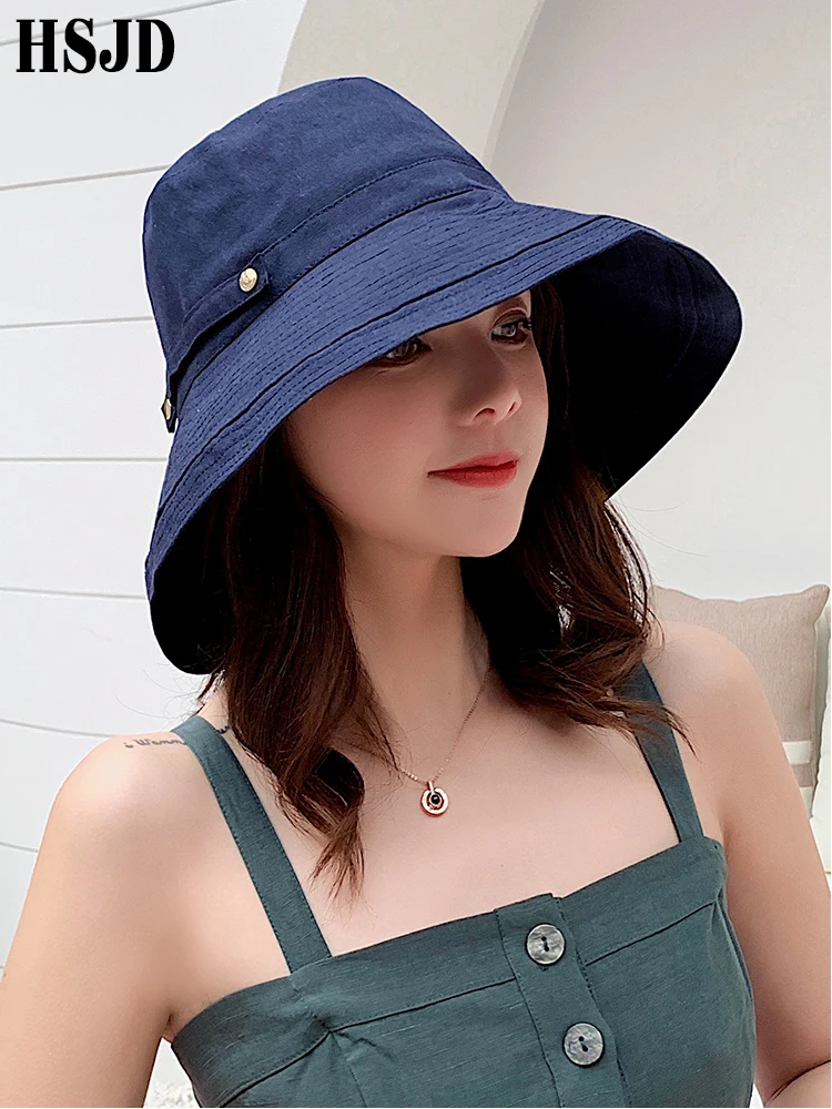 2019 New Women Summer Wide Brim Cotton Linen Sun Bucket Hat Fashion Casual Solid Color Female Anti-UV Beach Hats Plain | Аксессуары для
