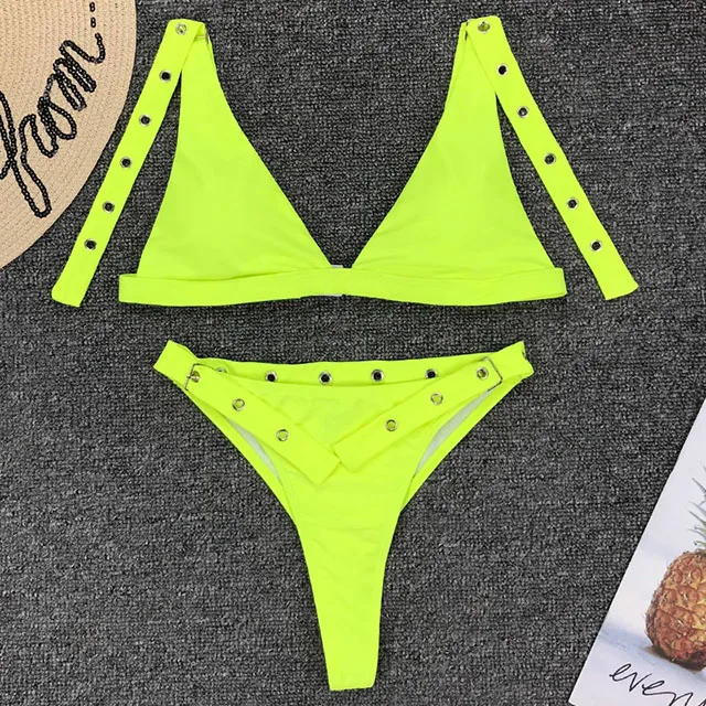 B163NeonYellow Неоновый зеленый бикини с высокой талией,, регулируемый купальник на лямках, женские стринги, купальник, Женский комплект бикини из двух предметов, Бразильский купальный костюм - Цвет: B163NeonYellow