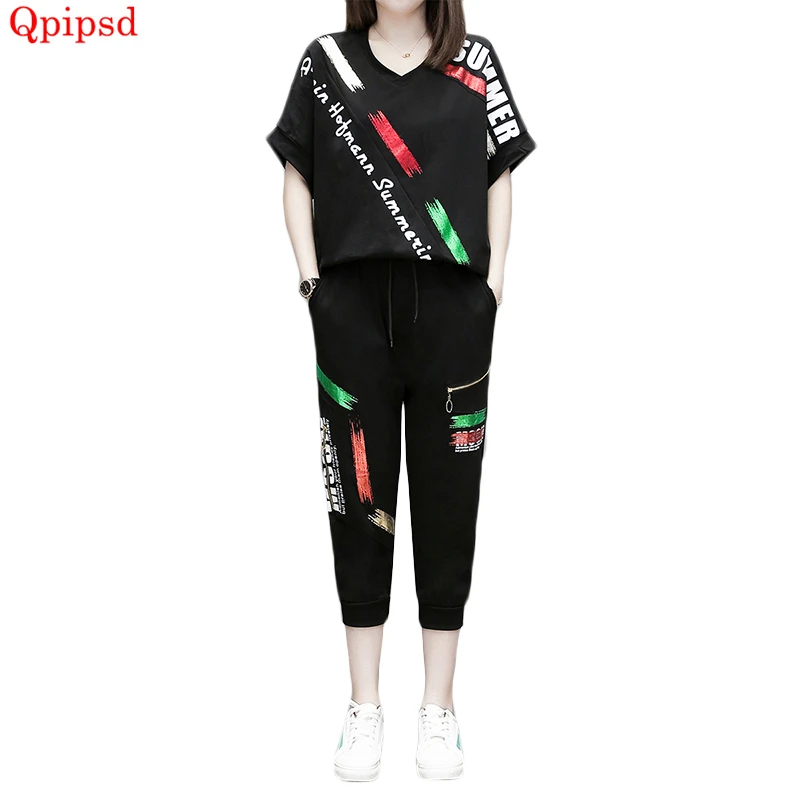 Женский спортивный костюм из двух предметов свободный с принтом летняя одежда