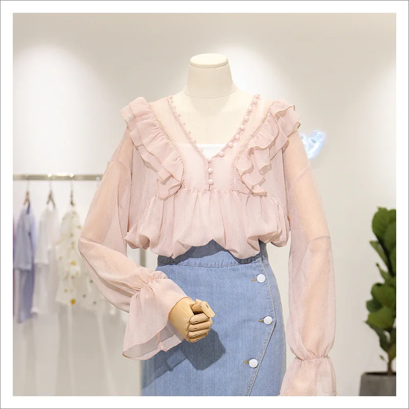 LARCI Chiffon Perspective Shirt Ruffles Design Blouse 2018 Spring New Long Flare Sleeve Tops Woman Sexy V-neck Shirts ON862C |