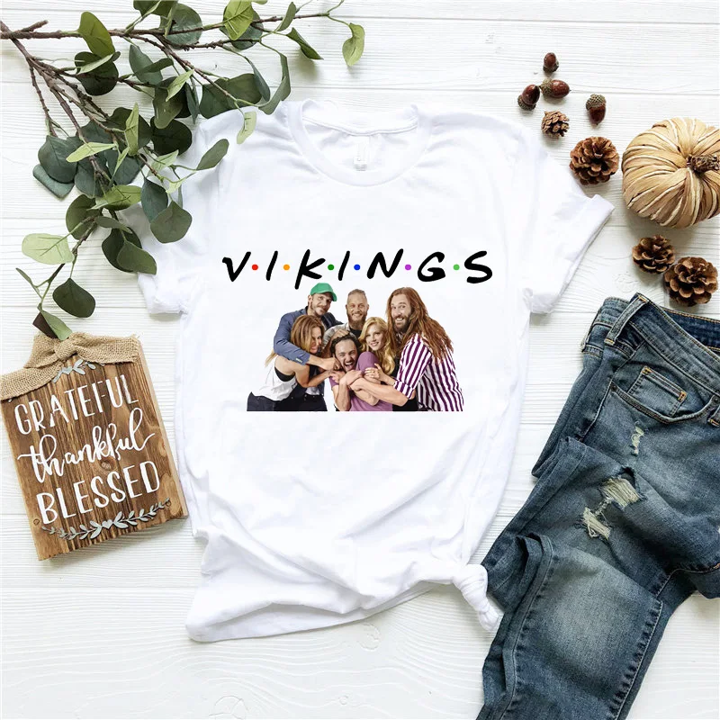 Женская футболка с надписью Vikings белая рисунком друзей летний топ коротким