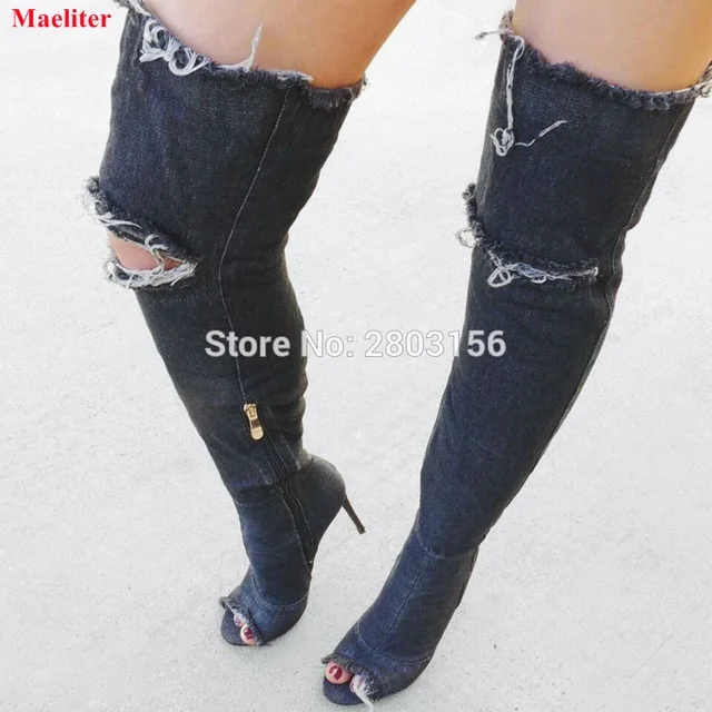 Хит продаж джинсовые вырезами Сапоги выше колена пикантные облегающие Женские