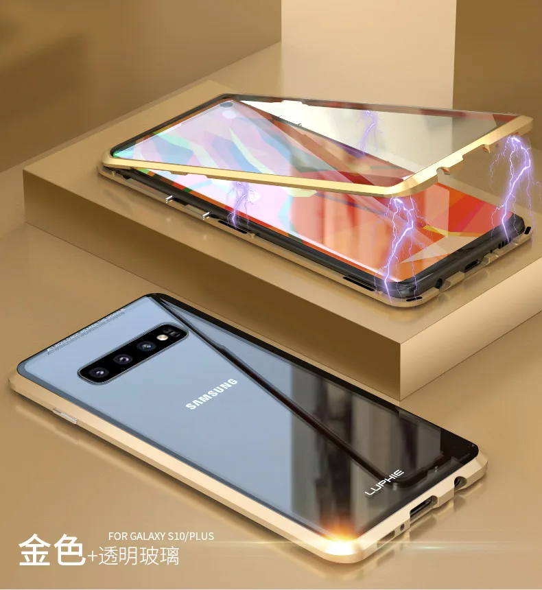 gold LUPHIE Магнитная Адсорбция металлический корпус для samsung Galaxy S9 S8 плюс S10 Plus закаленное Стекло задний Чехол на магните для Note 8 9 чехлы - Цвет: gold