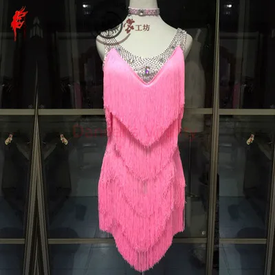 pink Одежда для латинских танцев для девочек, платье с кисточками и камнями, без рукавов, платье для латинских танцев для женщин, одежда для латинских танцев, женское платье XXS-6XL - Цвет: pink