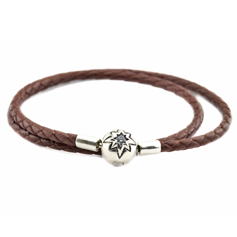 

Authentic 925 Sterling Silver Jewelry Brown Leather Bracelets Free Shipping