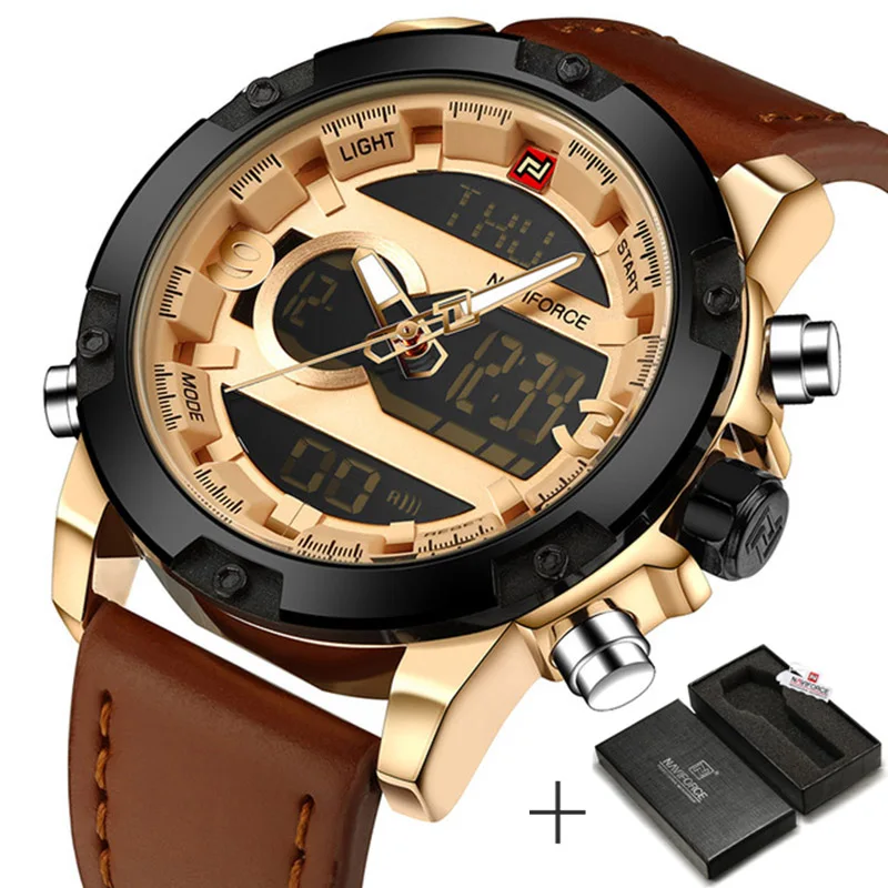 brown gold NAVIFORCE люксовый бренд Мужские Аналоговые Цифровые кожаные спортивные часы мужские армейские военные часы Мужские кварцевые часы Relogio Masculino - Цвет: brown gold