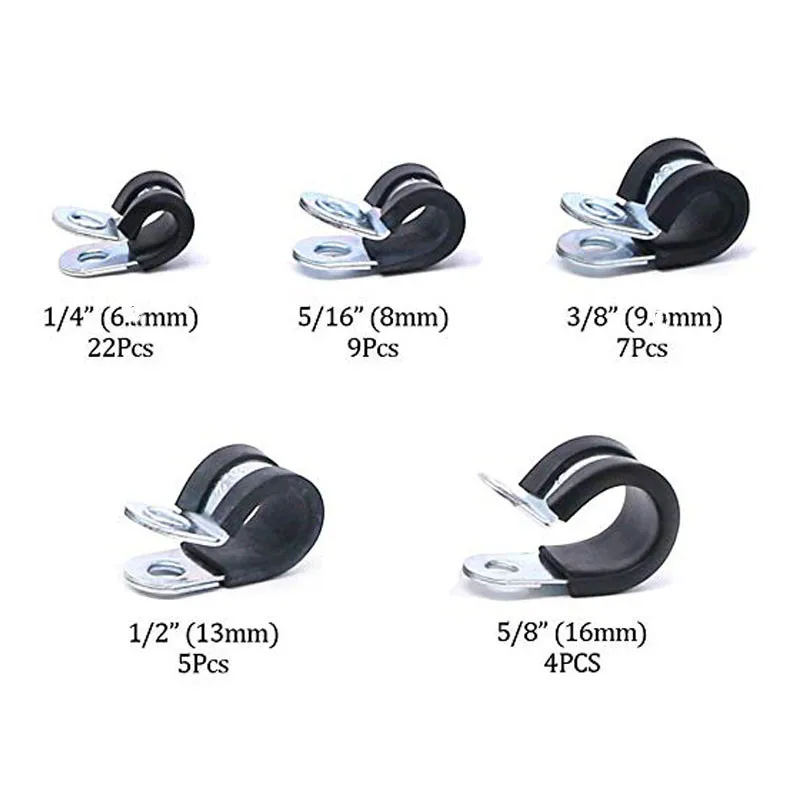 47Pcs Zinc Plated Steel Rubber Cushion Pipe Clamps Insulated Clamp Assortment Kit 1/4~5/8 inch (6mm - 16mm) Cable C |