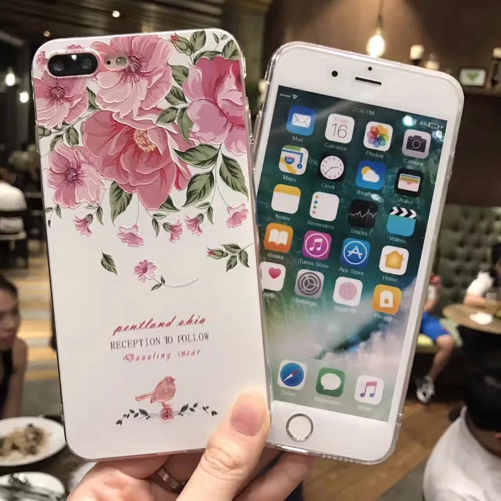 Free shipping fashion Pink FLOWER bird Luxurious Relief Phone Back Cover Casefor iPhone 6 Case For Apple iphone 6S 7 Plus 6SPlus |