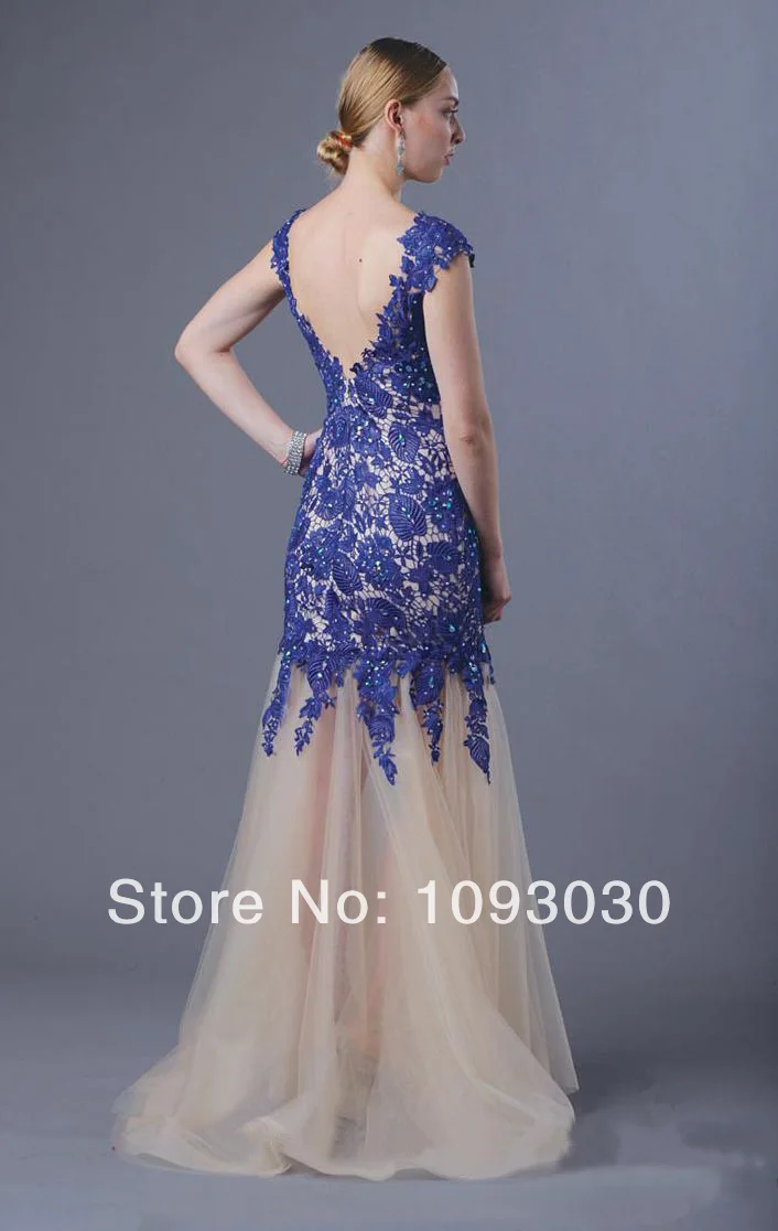 Royal Blue Lace V neck Cap Sleeves A Line Long Evening gownes 2014 Gowns Prom gown Backless ED078 vestido longo Floor|gown formal|gowns