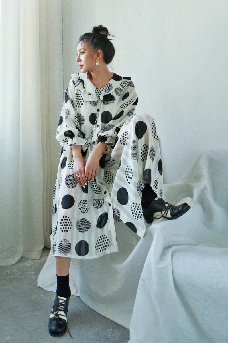 2019 New Peter Pan Collar Three Quarter Sleeves Polka Dots Printed Pullover Loose Long Dress Female Chiffon Vestido Z010 | Женская