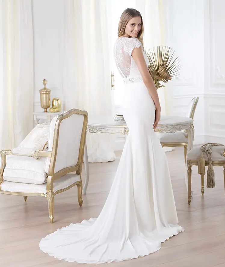 2015 Elie Saab Wedding Dresses Mermaid Deep V-neck Short Sleeves Sweep Train Chiffon Lace Gown Bride Dress | Свадьбы и торжества