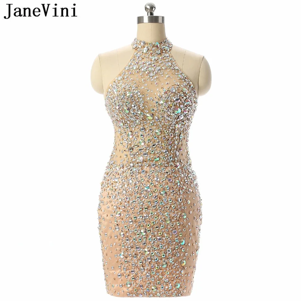 

JaneVini Sexy Sequins Champagne Straight Short Evening Dresses Halter Full Beaded Illusion Satin Gown Formal Dubai Evening Dress