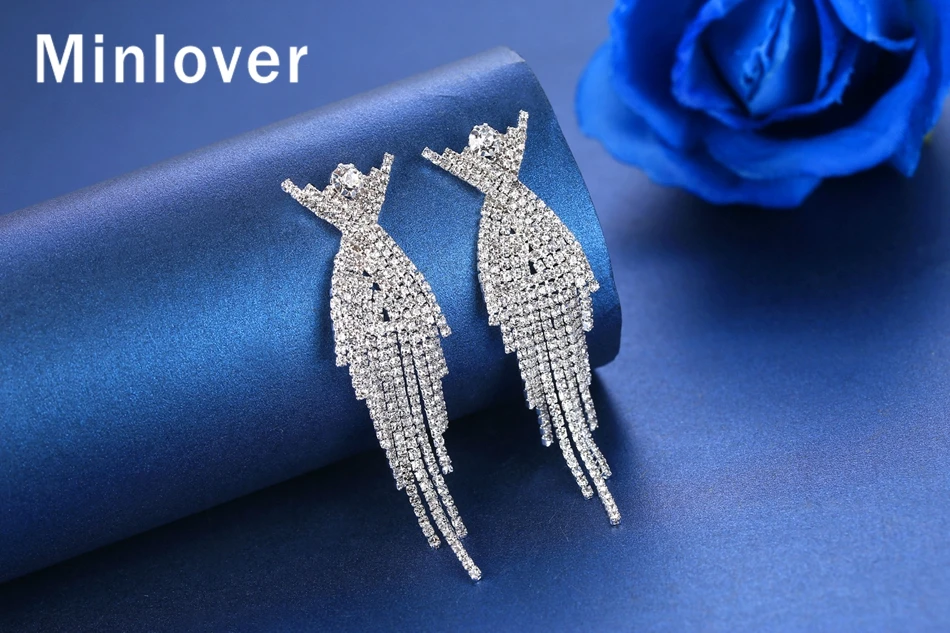 Minlover серебряный цвет большой кисточкой кулон серьги для невесты для женщин горный хрусталь Эффектные серьги с подвесами ювелирные изделия MEH1175