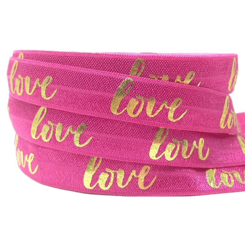Hot pink gold 16 мм Золотая Серебряная фольга любовь печать сложить над эластичным 10Y FOE атласная лента для DIY головной убор браслет торговля аксессуарами для волос - Цвет: Hot pink gold