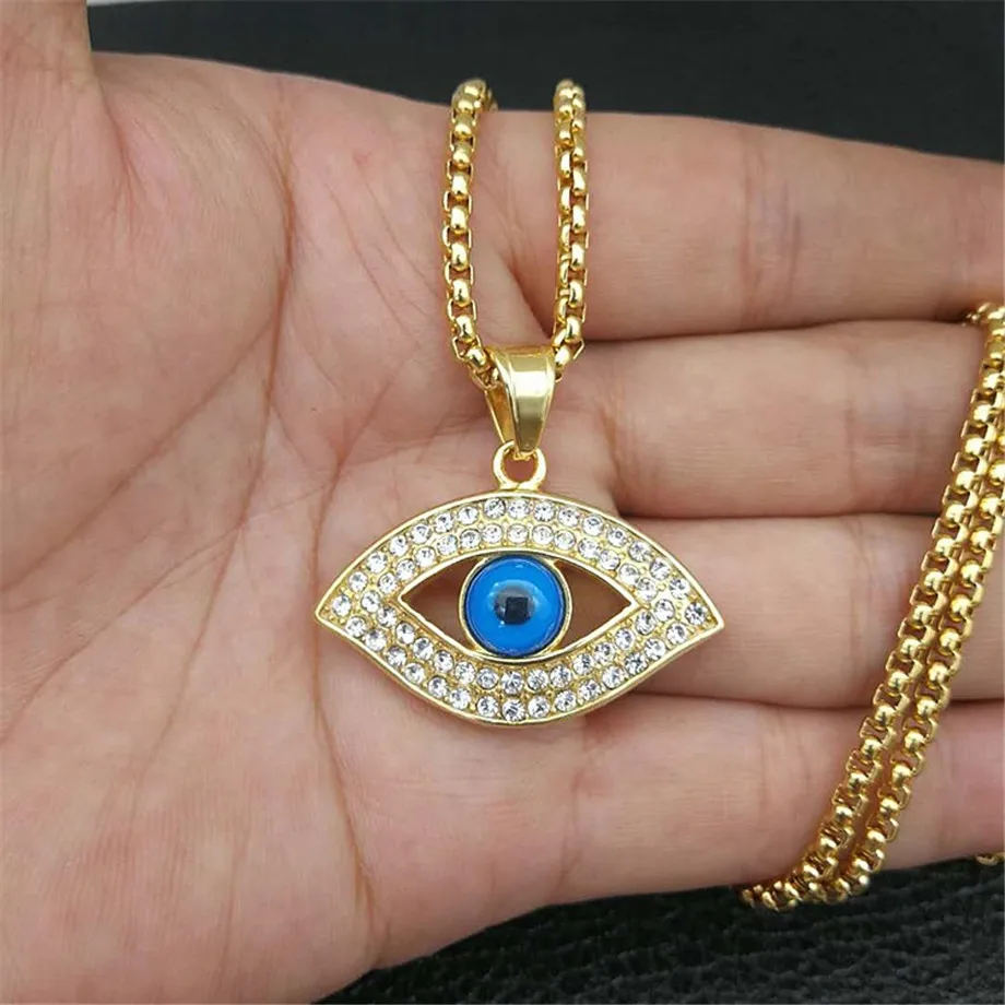 

Turkish Eye Pendant With Stainless Steel Chain And Iced Out Bling Rhinestones Amulet Necklace Hip Hop Turkish Jewelry