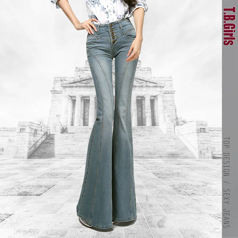 Free Shipping 2021 New Fashion Flare Long pants For Tall Women Spring Breasted Denim Boot Cut Jeans Plus Size Trousers 25-32