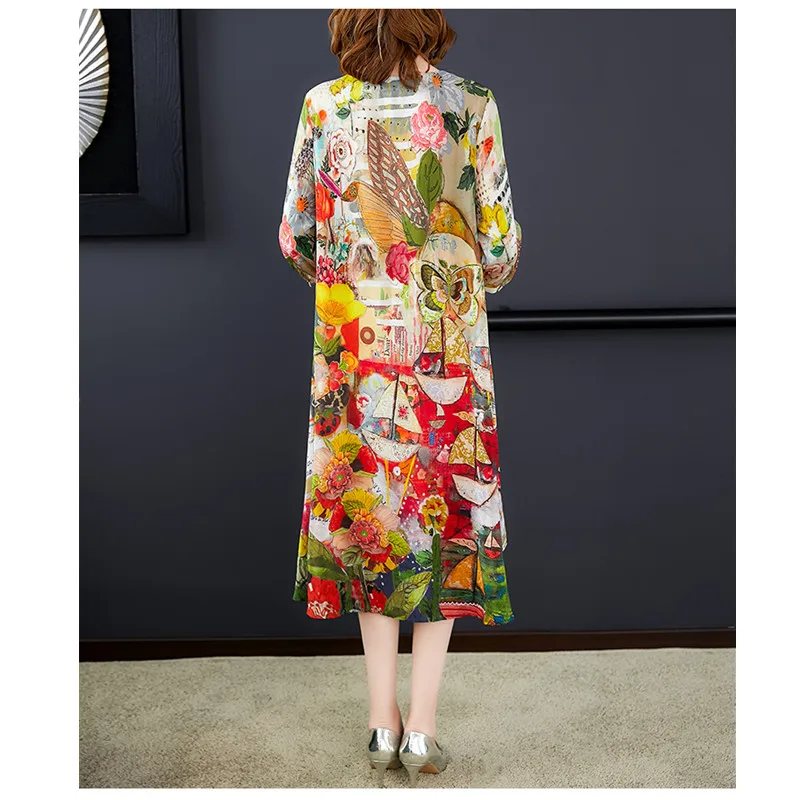 Женское шелковое платье миди с круглым вырезом свободное коротким рукавом и