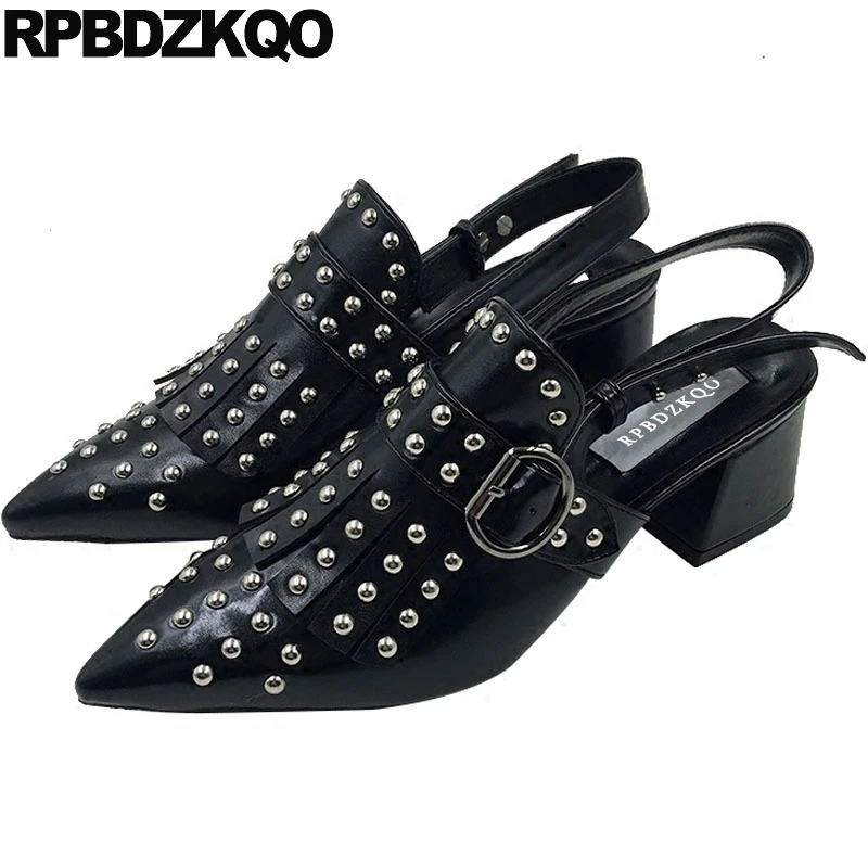 Rivet Size 4 34 Punk Block Heels Slingback Black Thick Sandals Women Summer Designer Brand Medium Shoes Stud Pointed Toe