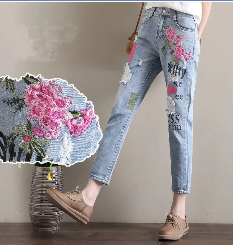 Женские рваные джинсовые брюки карандаш джинсы женские с цветочной вышивкой