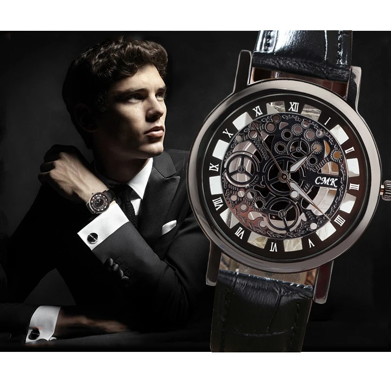 Модные крутые часы Роскошные бизнес Скелет Мужские кварцевые кожаные гравировка
