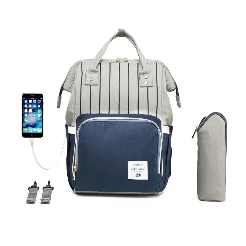 blue and stripe Модная полосатая сумка для подгузников для мам, Большая вместительная USB сумка для малышей, сумка для кормления, сумка для мам, детские подгузники - Цвет: blue and stripe