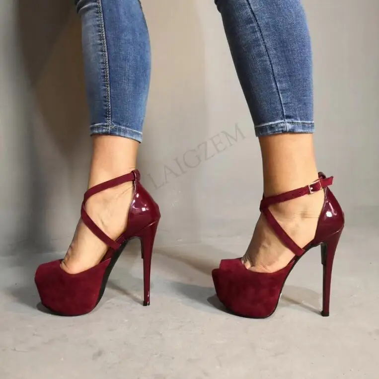 LGZ251 Burgund LAIGZEM/женские босоножки; босоножки из искусственной кожи на высоком каблуке; вечерние женские босоножки ручной работы; Sandalia Zapato; женская обувь; большие размеры 34-52 - Цвет: LGZ251 Burgund