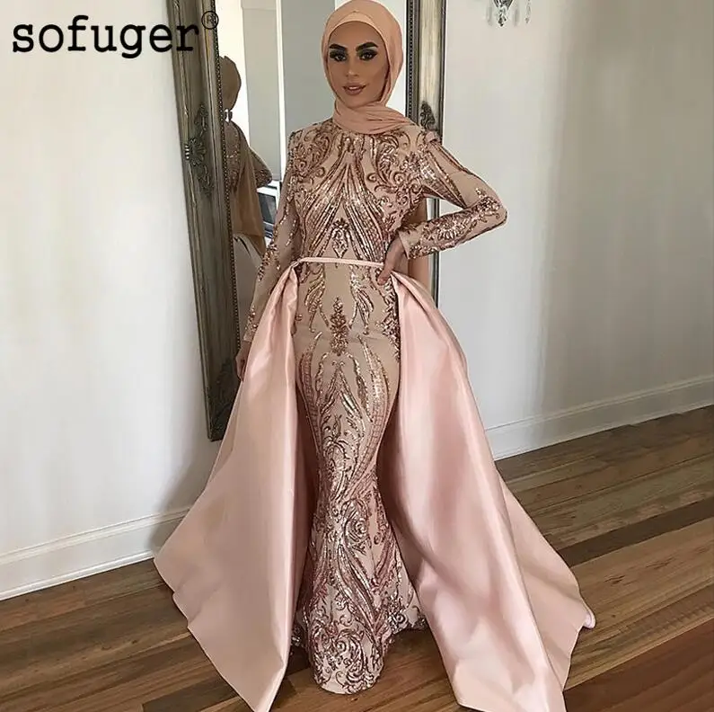Розовый Розовый Съемный Поезд хиджаб вечернее платье Выпускной Vestidos De Fiesta Формальное вечернее платье Арабский мусульманский особых случаев - Цвет: Розовый