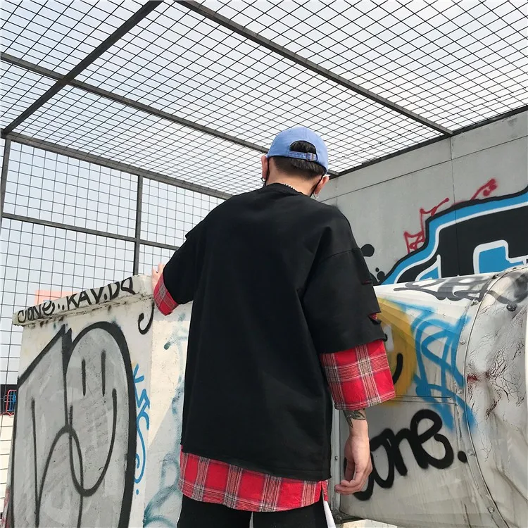LAPPSTER летняя желтая клетчатая уличная футболка поддельные две части Harajuku Лоскутные футболки мужские Забавные футболки с длинным рукавом