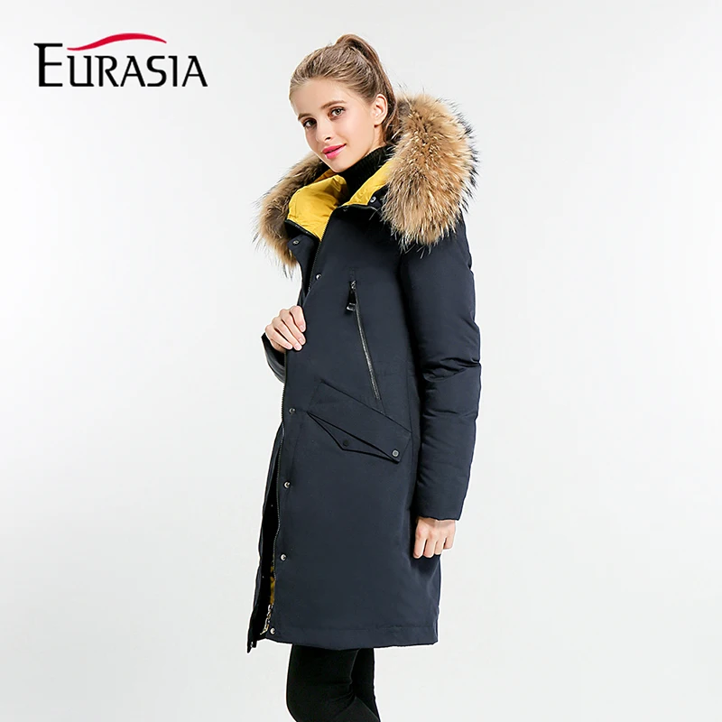 Женская однотонная зимняя куртка до колена EURASIA, свободная куртка с капюшоном и высоким воротником, плотная парка с воротником из натурального меха, Y170027, зима
