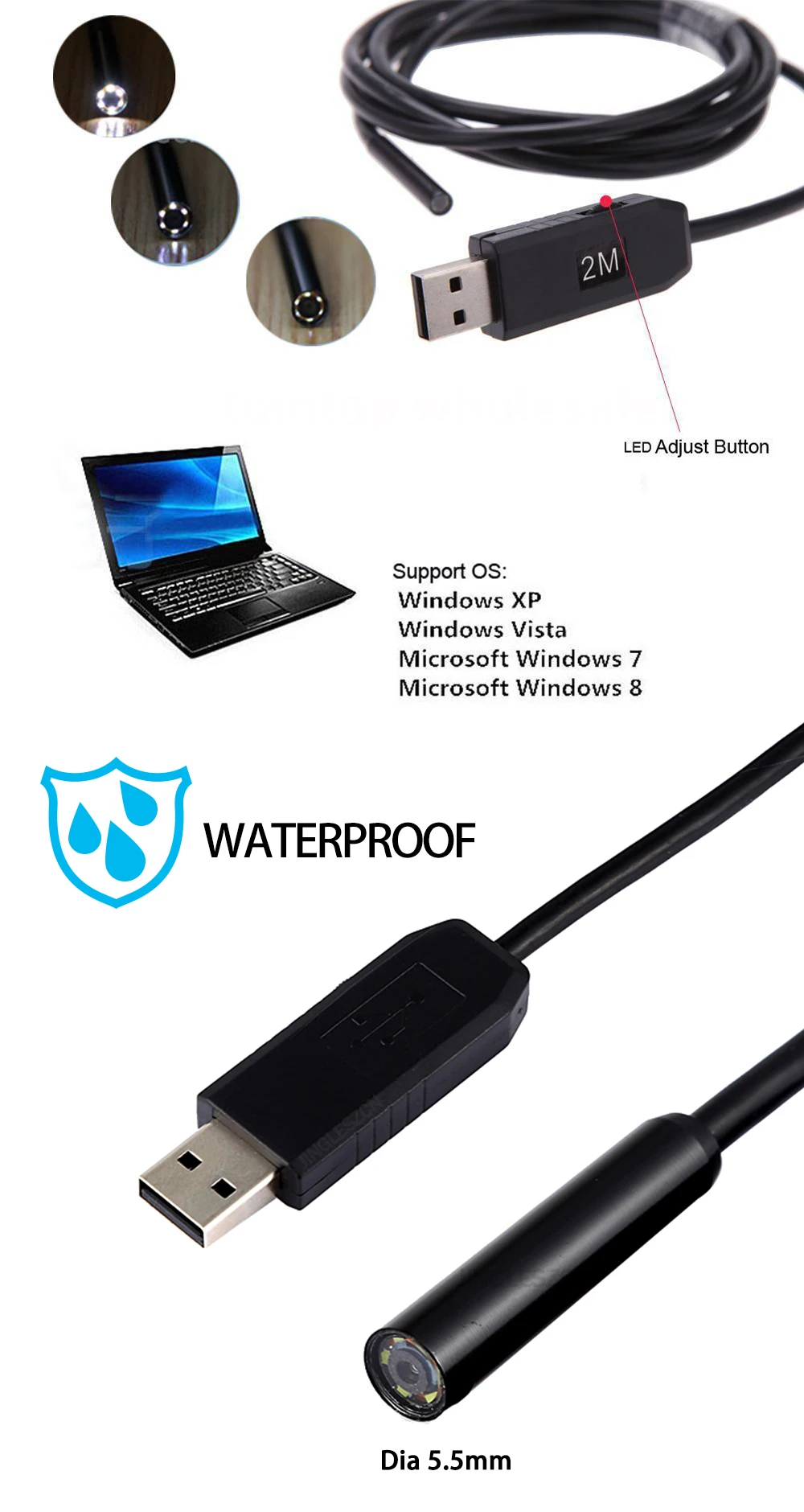2/5/7/10/15 м 5,5 мм Объектив USB эндоскоп Камера USB Водонепроницаемый 6 светодиодный бороскоп Гибкая гибкий, для камеры контроля для ПК с ОС Windows