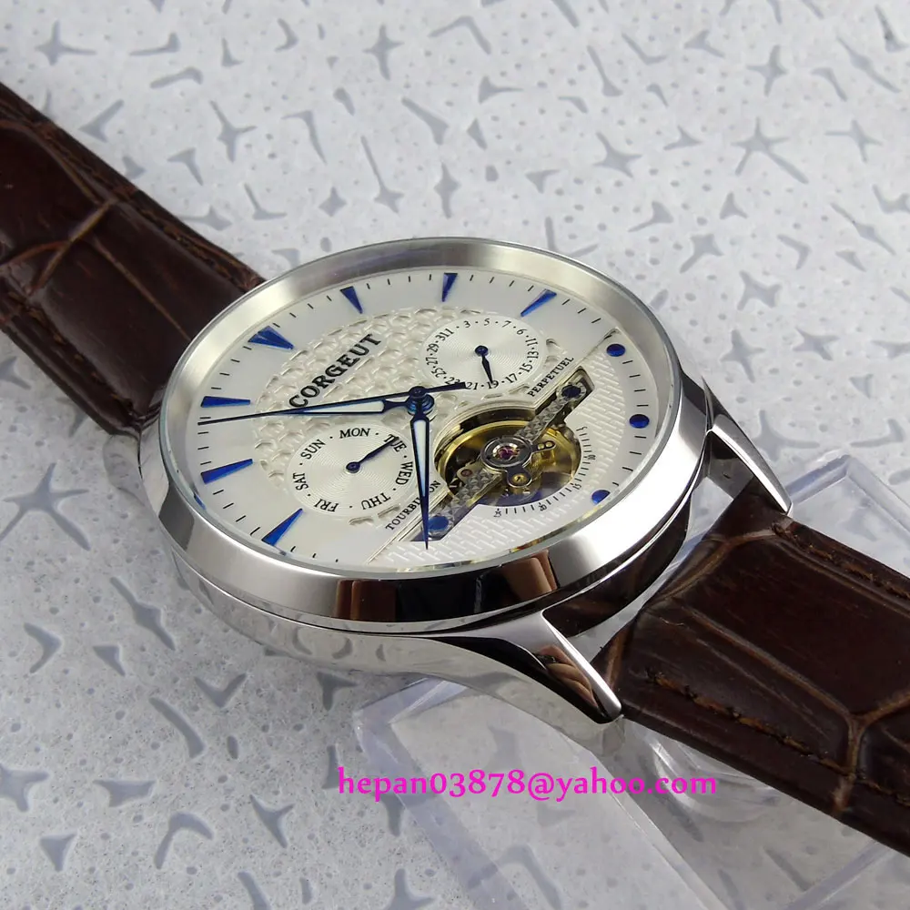 44 мм белый циферблат с синими стрелками купольное стекло неделя и дата