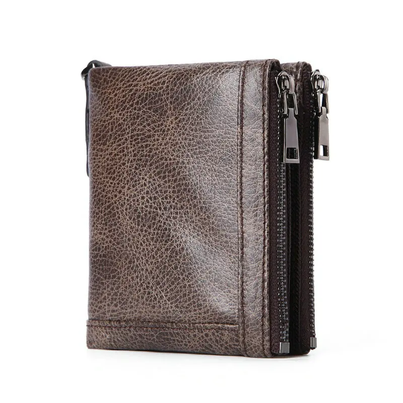 dark brown wallet Кошелек GENODERN из воловьей кожи в стиле ретро для мужчин с двойным карманом для монет на молнии, Короткий Мужской кошелек с блокировкой RFID, маленькие мужские кошельки - Цвет: dark brown wallet