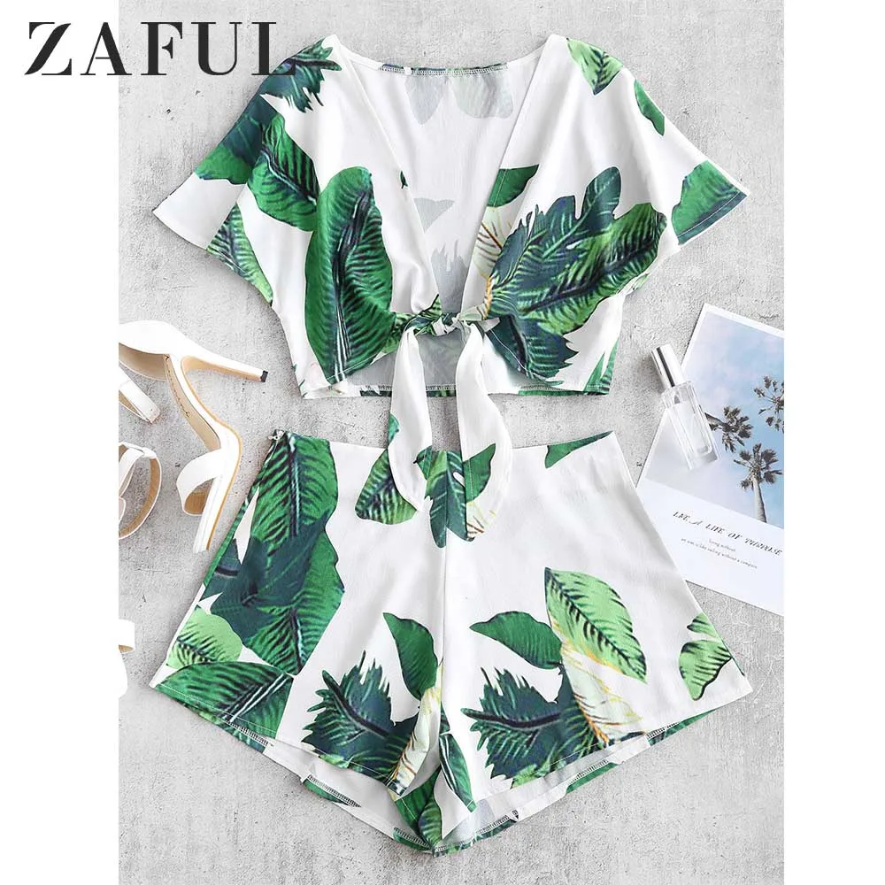ZAFUL Набор из двух частей женщин с принтом листьев глубоким вырезом коротким