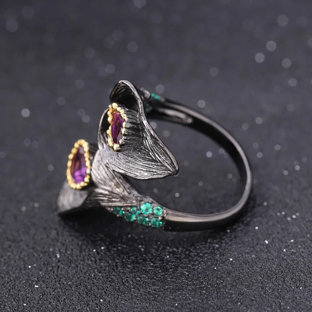 GEM'S балетные 925 пробы серебро 1.08Ct Натуральный Аметист ручной работы дизайн регулируемое кольцо Калла Лилия лист Кольца для женщин Bijoux