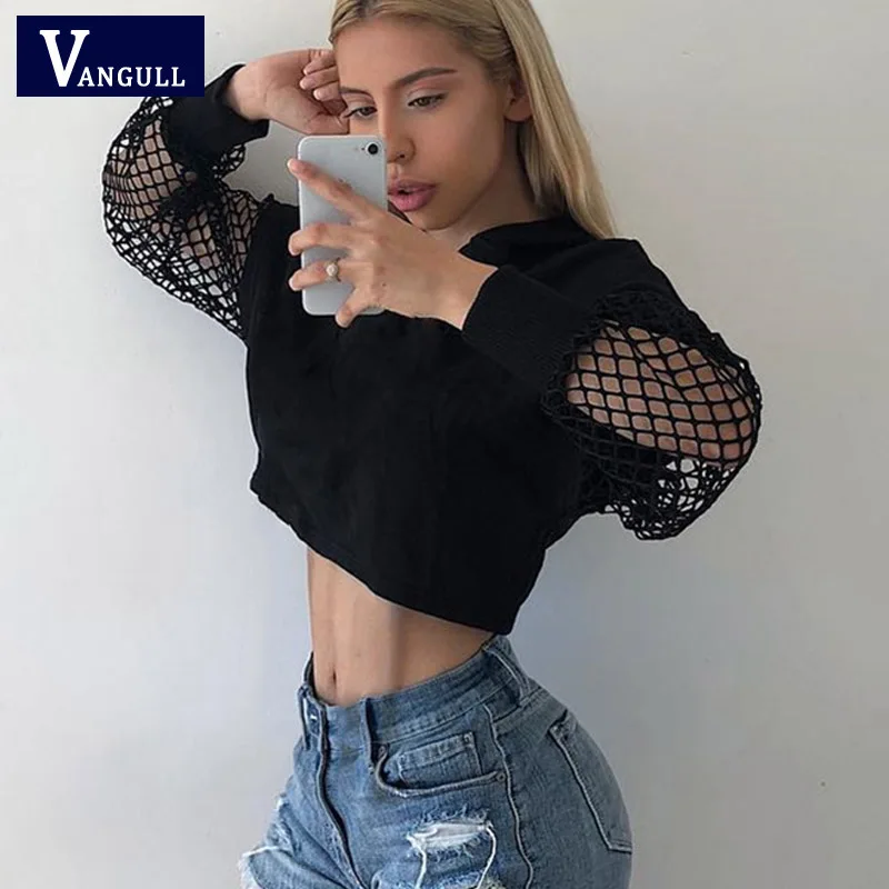 Vangull ажурная верхняя футболка с длинными рукавами женская черная принтом плюс