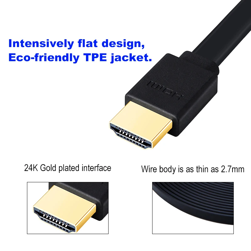 Плоский длинный кабель HDMI 1 4 высокоскоростной позолоченный штекер-штекер версия